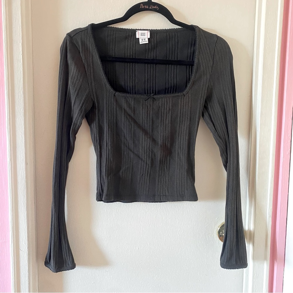 BDG Urban Outfitters Black/Brown Semi-Cropped Long Sleeve Square Neck Top